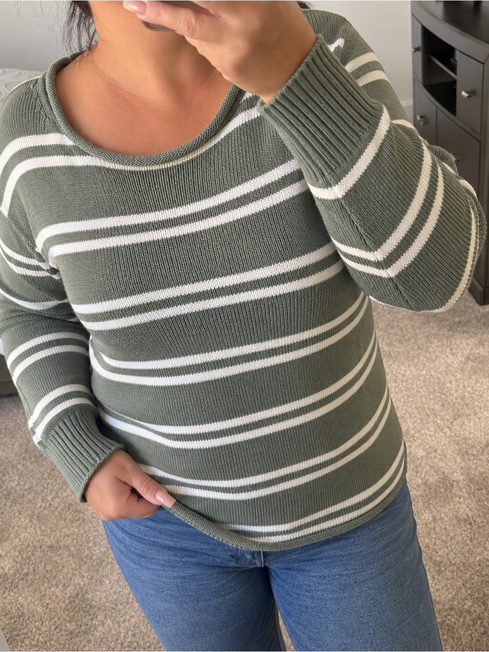 Vigoss Sage Green and White Striped Crewneck Sweater